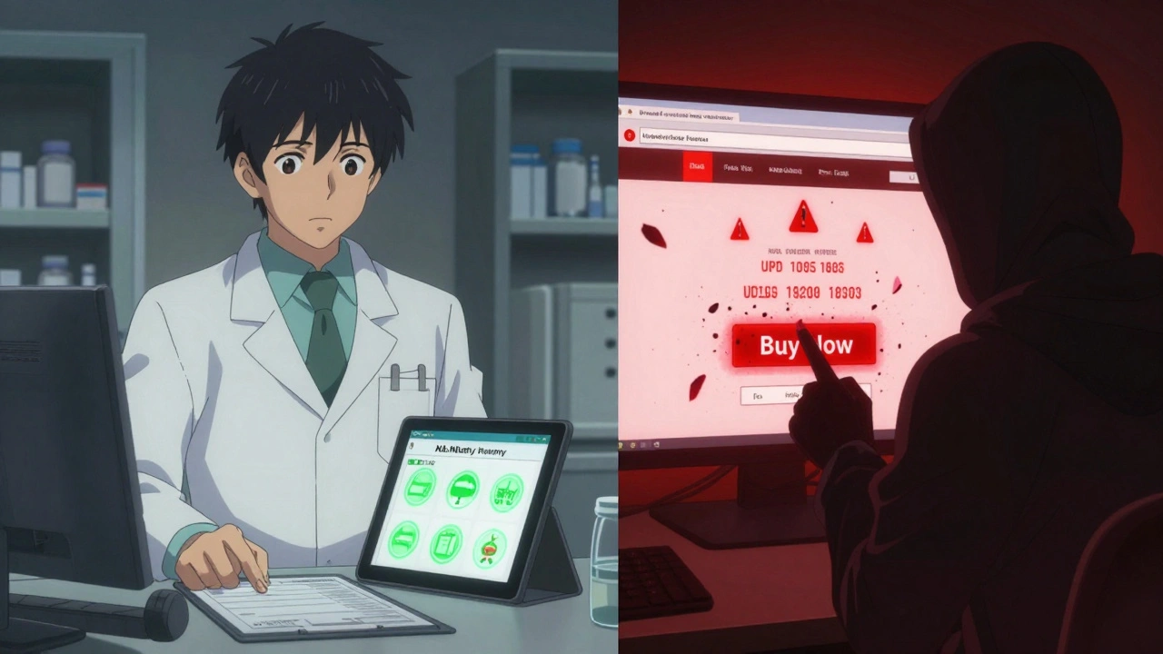 Split scene: safe pharmacist verifying license vs. shadowy buyer clicking dangerous site.