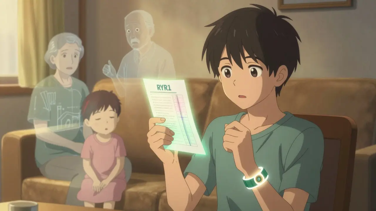 Teen holding genetic test result with spectral MH reactions from ancestors in background, medical alert bracelet visible.