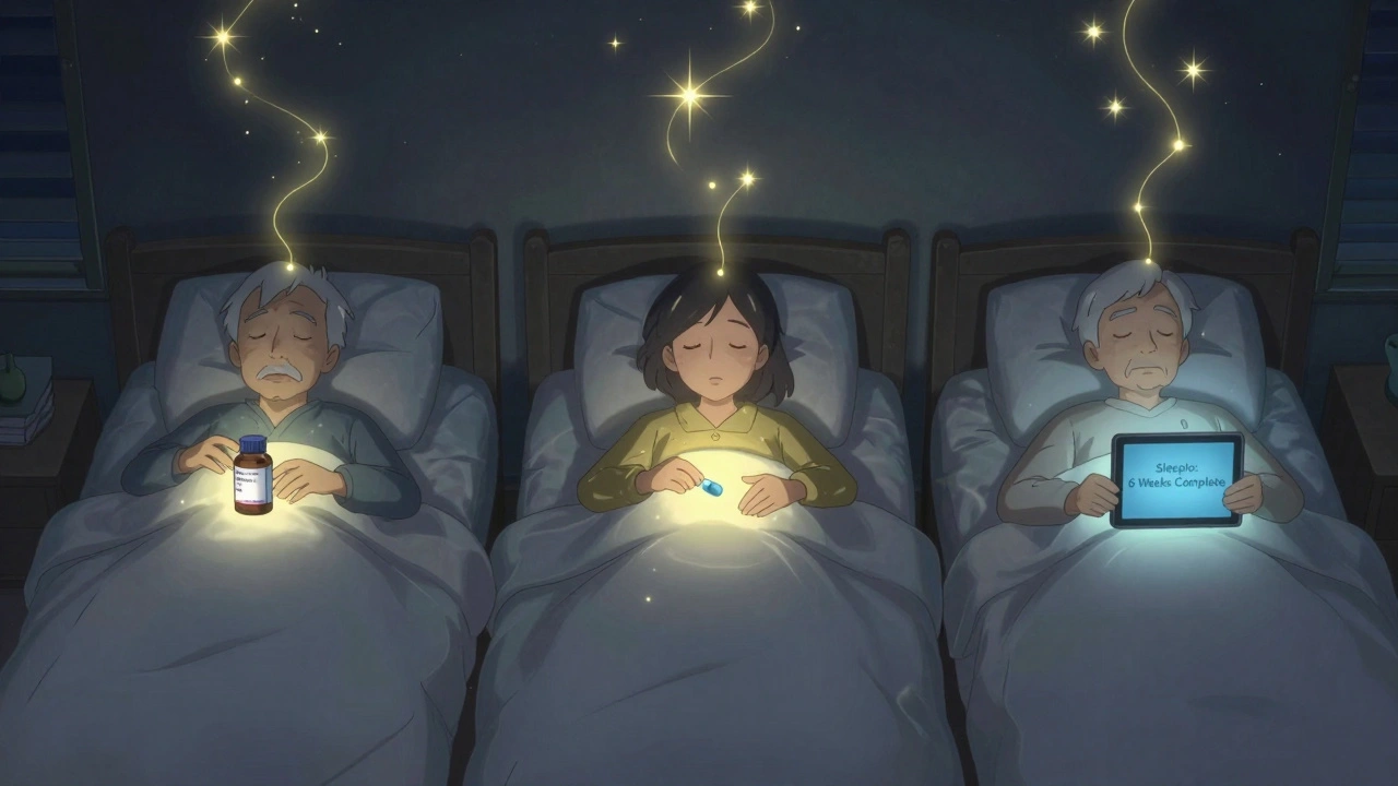 Three seniors asleep under starlit blankets, each with safe sleep aids or no pills, connected by calm energy threads.