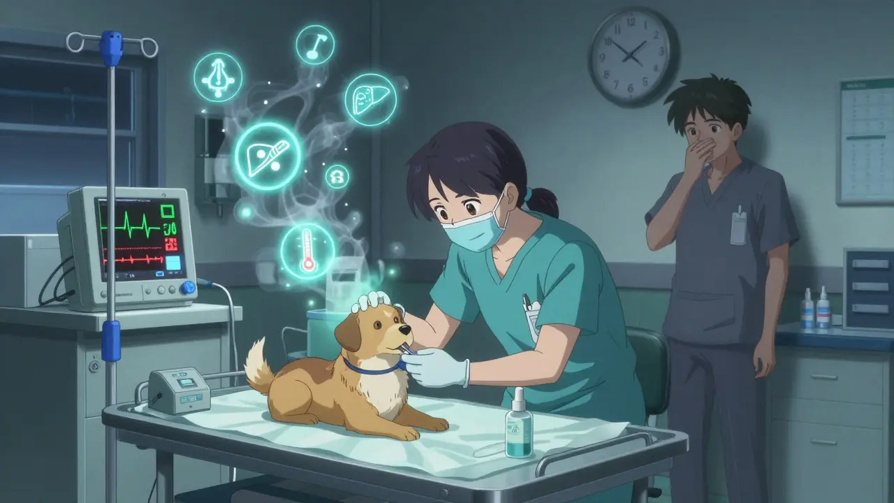 Vet administering antidote to dog in clinic at night, monitors flashing critical data.