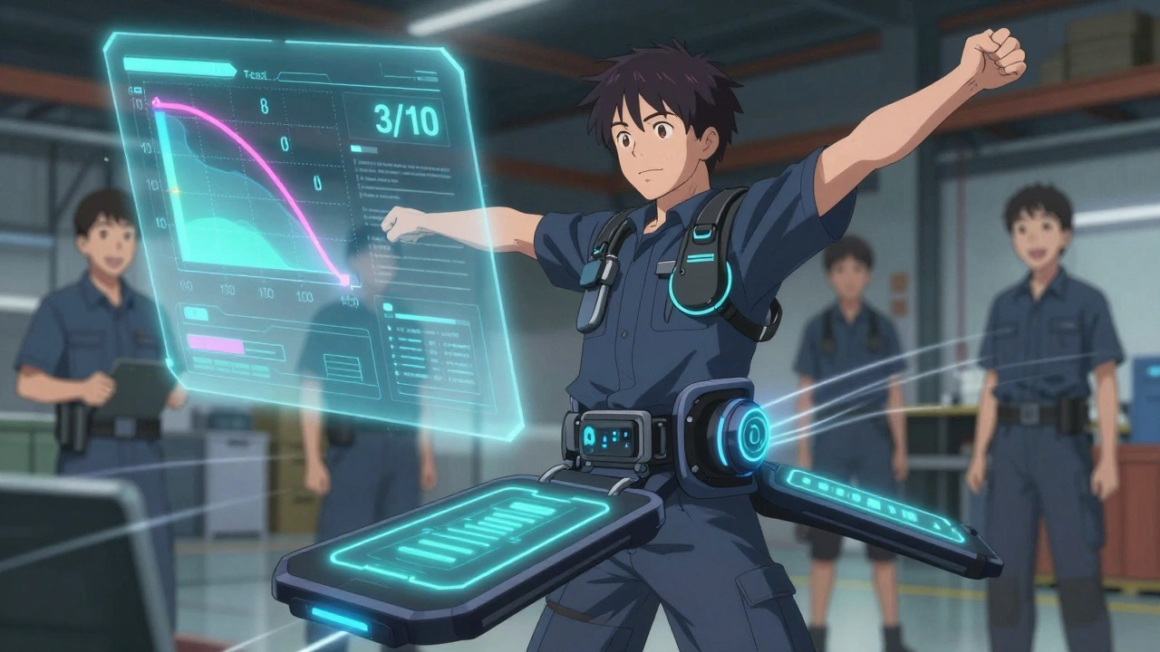 Warehouse worker with smart TENS belt, holographic pain meter dropping in anime style.