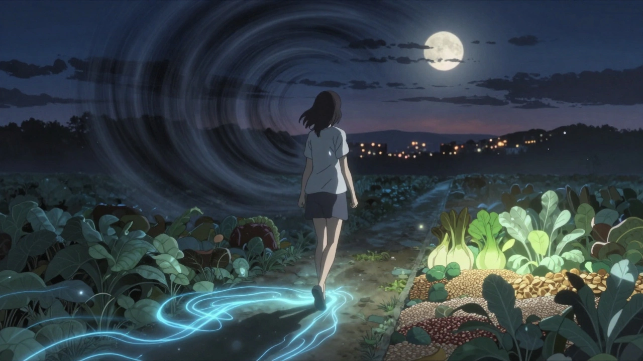 Woman walks at night, footsteps leave calming blue trails as unhealthy forces fade behind.