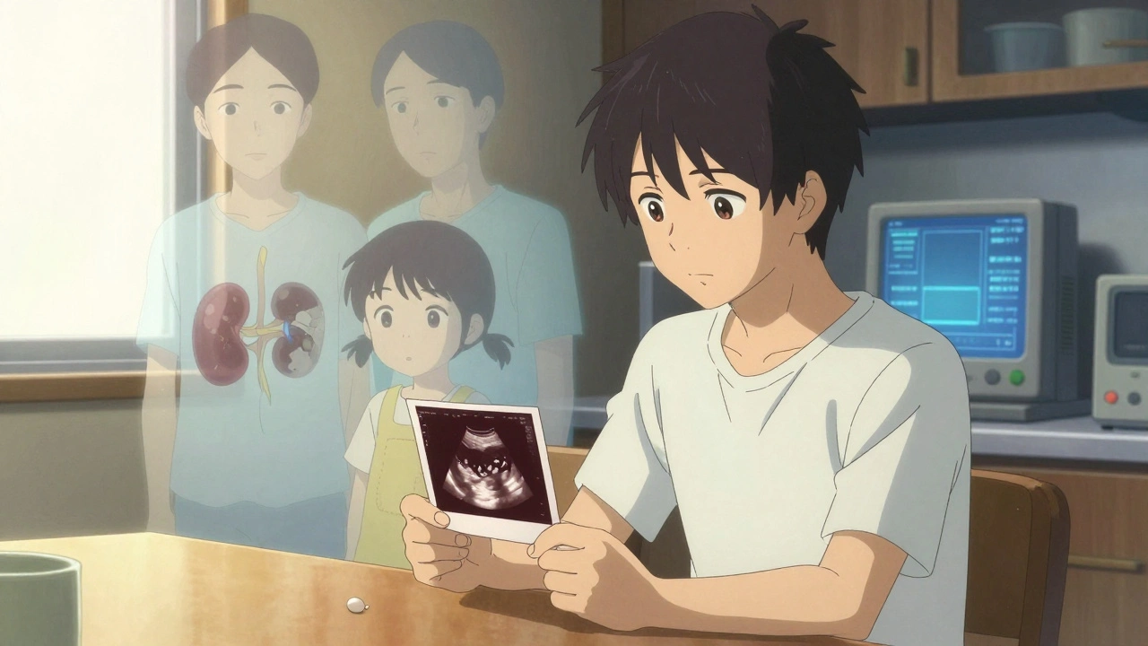 Young adult holding an ultrasound image, with ghostly parent and child figures behind them in a dim kitchen.