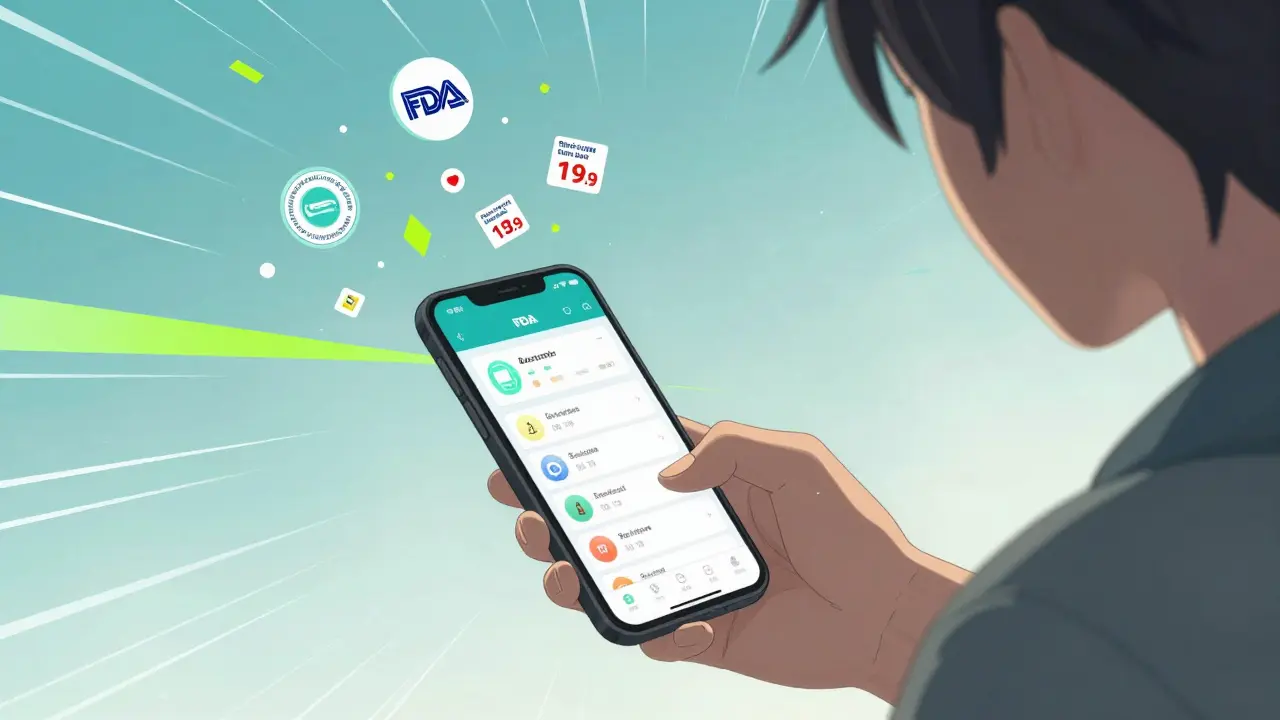 Young adult using phone to compare generic and brand-name drug prices and info.