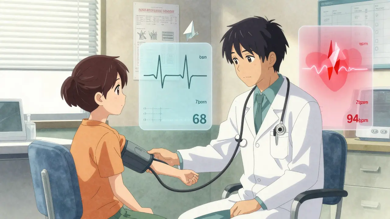 A child and parent sit with a doctor as translucent heart rate comparisons hover beside them in a calm office setting.