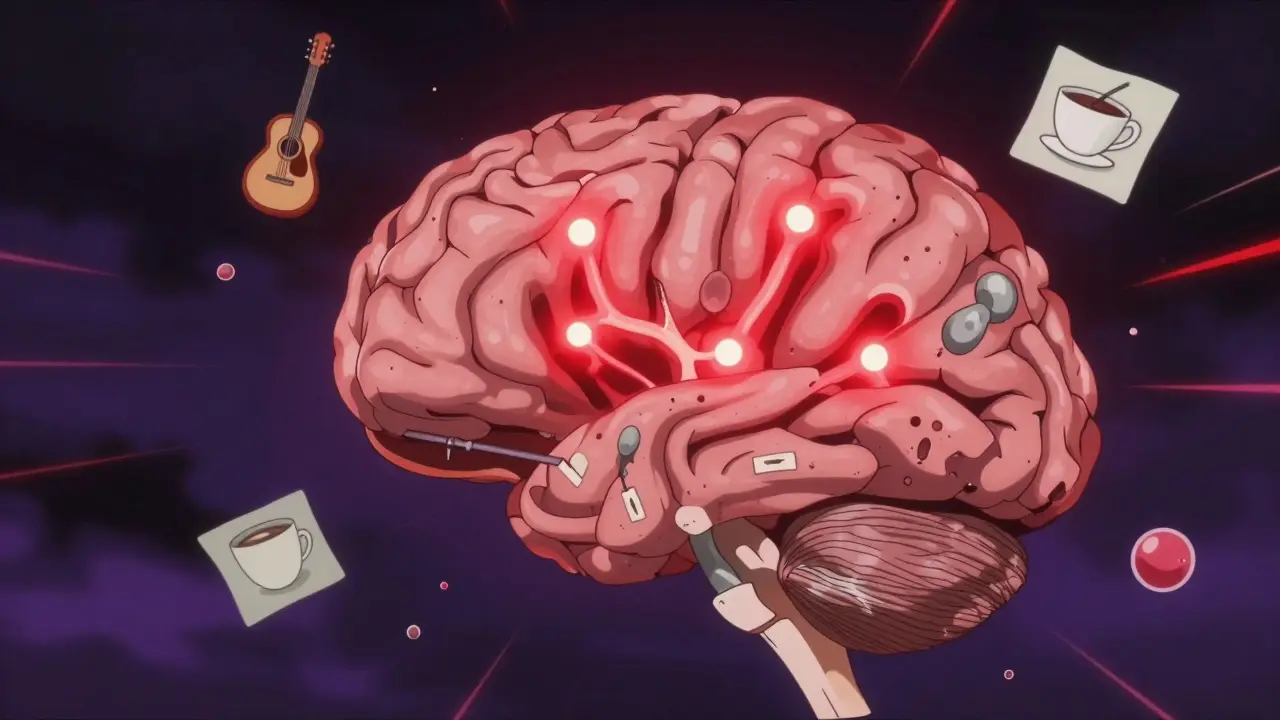 A detailed brain cross-section showing opioid receptors overpowering natural mood chemicals.