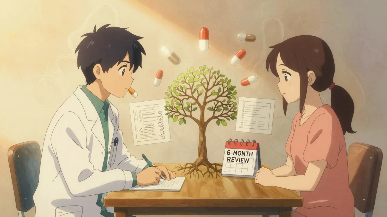 A doctor and patient sit together as a pill transforms into a tree of guidelines, symbolizing safe medication reduction.