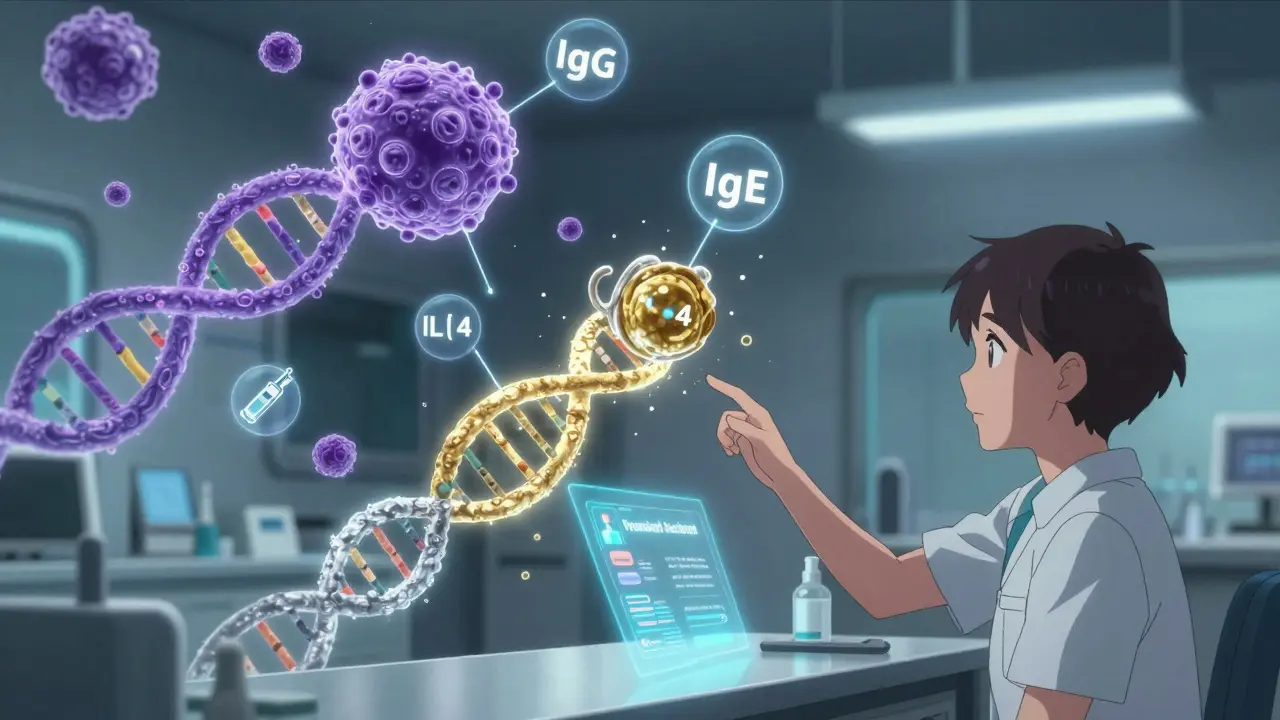 A futuristic lab with color-coded immune markers and treatment icons, representing personalized therapy for urticaria.