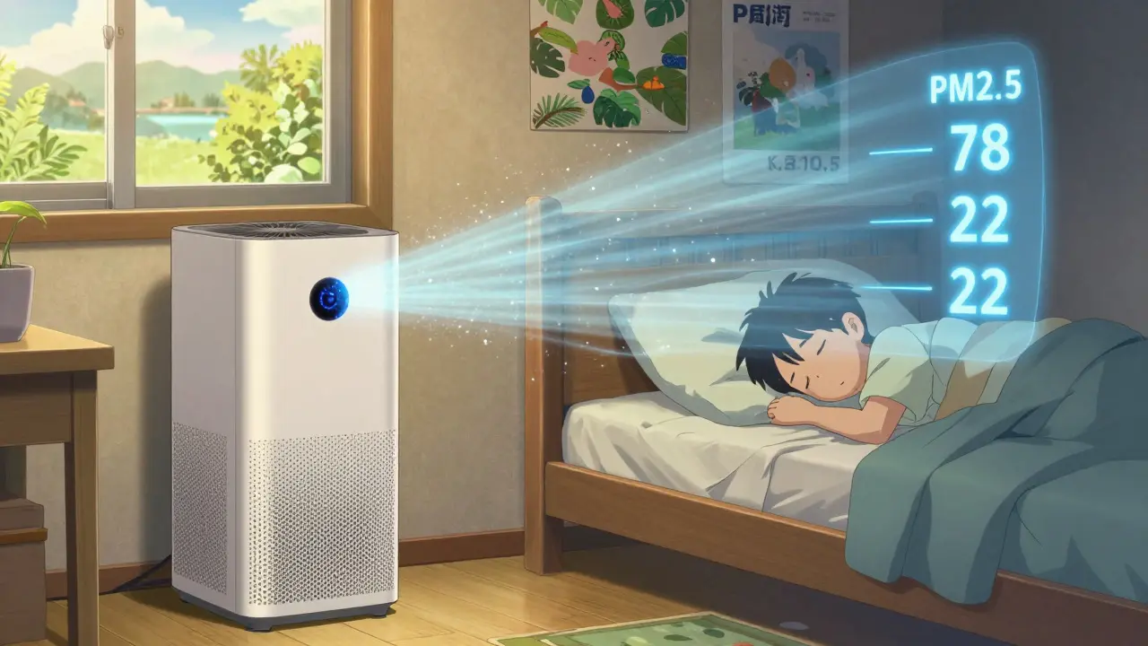 A HEPA air purifier cleans glowing pollution particles in a child's bedroom at night.