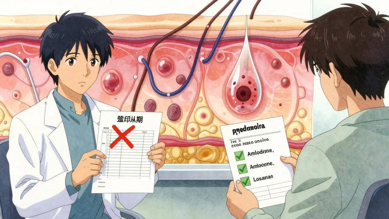 A patient in a medical consultation with two doctors comparing safe and unsafe blood pressure medications for psoriasis.
