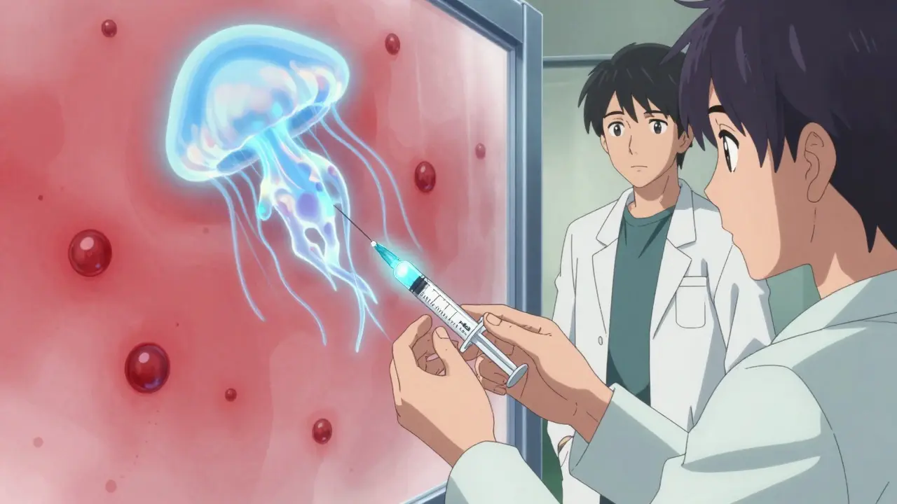 A patient receiving a monthly injection as glowing IgE antibodies are drawn into the syringe in a clinic.