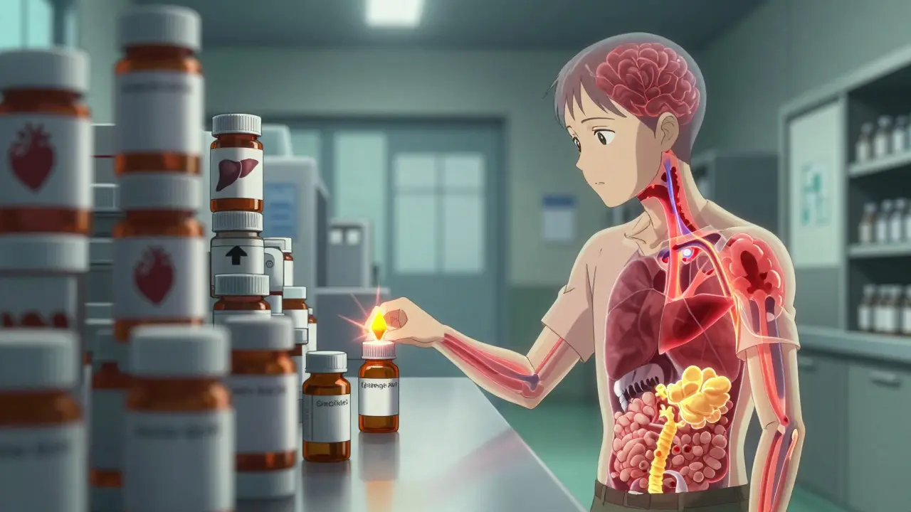 A patient with translucent skin shows internal organ damage from medication interactions, surrounded by prescription bottles.