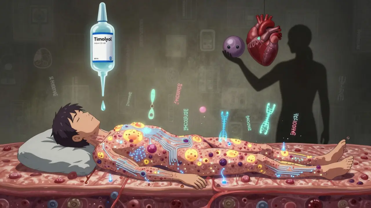 A person asleep as eye drops trigger psoriasis plaques across their body, with gene markers and immune cells floating in the air.