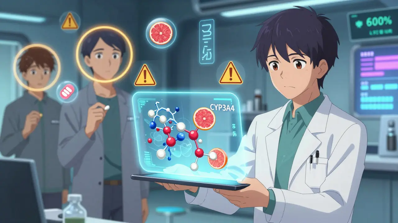 A pharmacist projecting a molecular interaction diagram of CYP3A4 being blocked by grapefruit and antibiotics in a futuristic clinic.