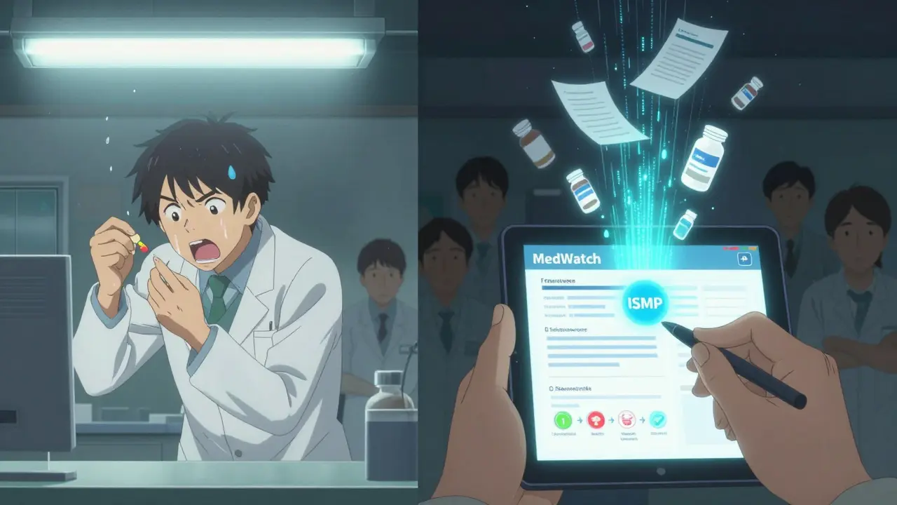 A pharmacist scans pills while an anonymous report rises as digital spirits, symbolizing systemic change.