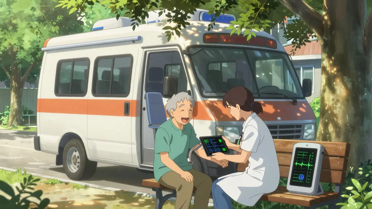 A phlebotomist and patient view an EKG reading together in a mobile health unit under sunlight.