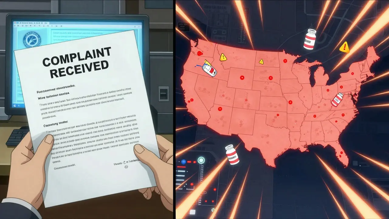 A U.S. map with glowing red dots representing medication error reports spreading across states.