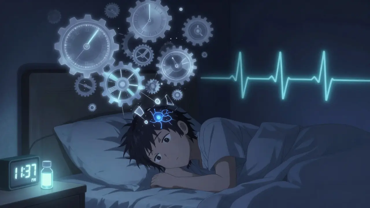 A wide-eyed teen lies awake at night as sleep cycles and melatonin glow above them in a digital dreamlike haze.