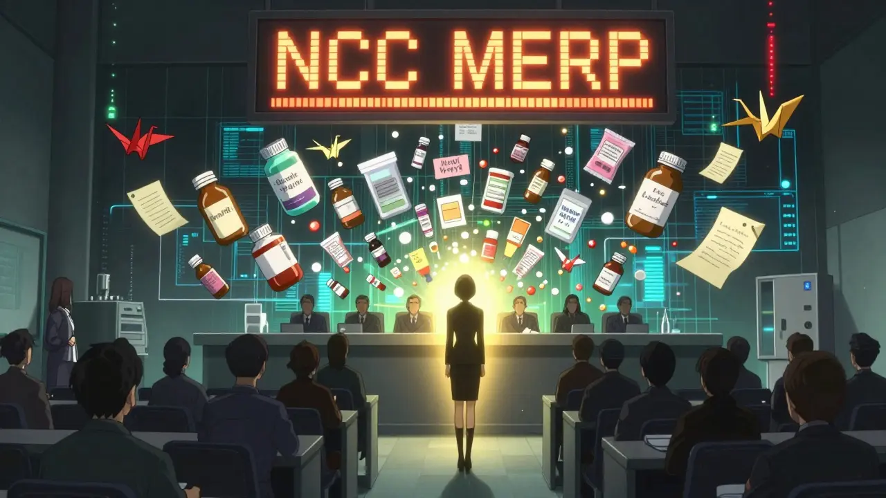 A woman stands before regulators as medication errors transform into reforming packages in anime style.