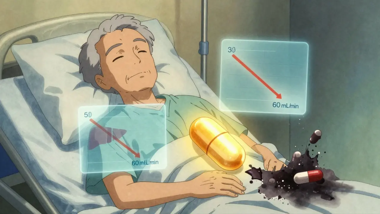 An elderly patient surrounded by visual overlays showing aging liver and kidneys, with a glowing amlodipine pill offering safety.