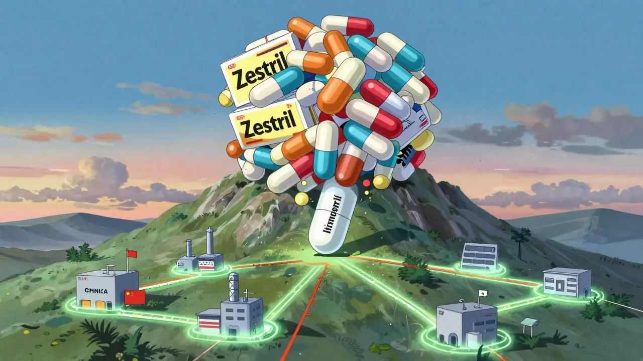 Branded pills crushing a generic pill, with global supply chains glowing beneath.