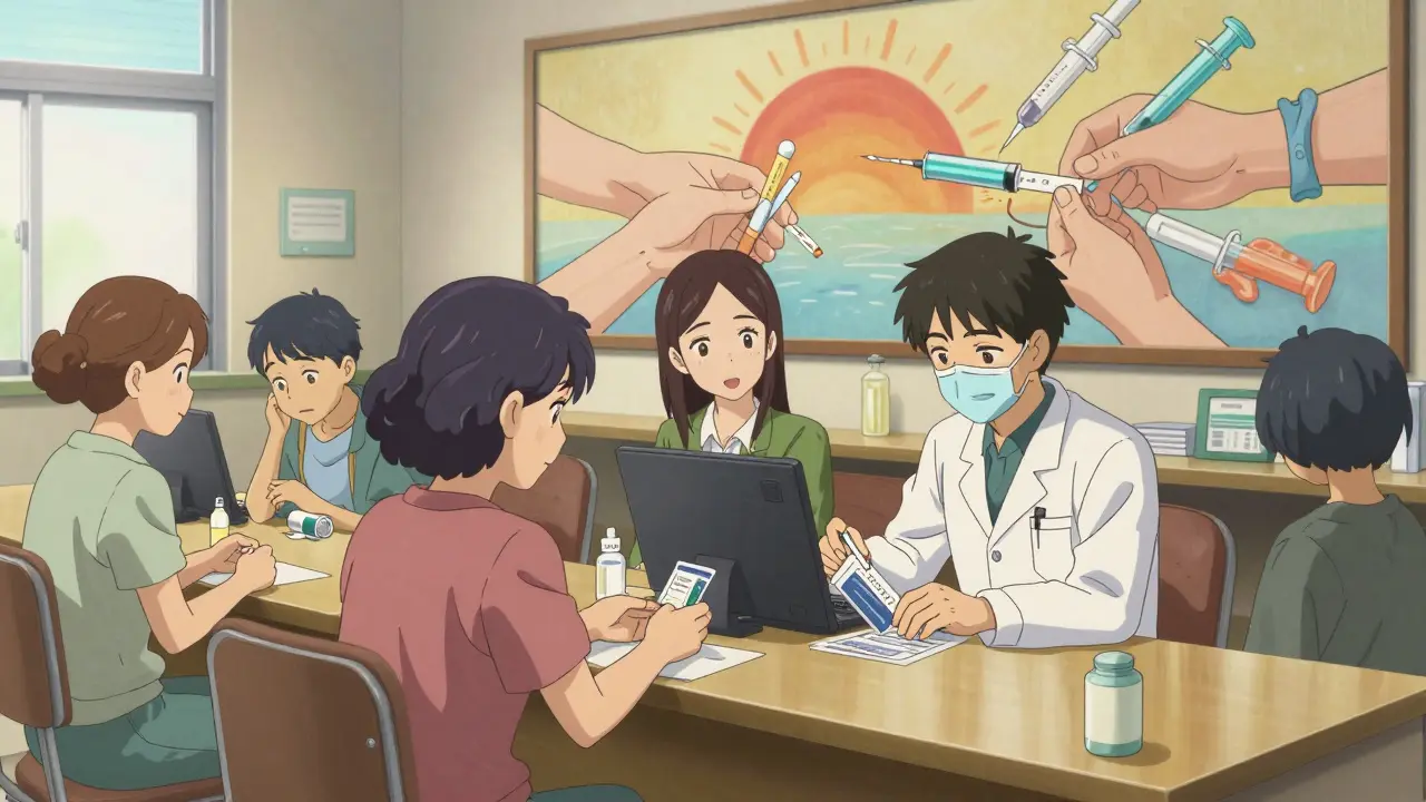 Community center offering naloxone, test strips, and buprenorphine with a mural of support