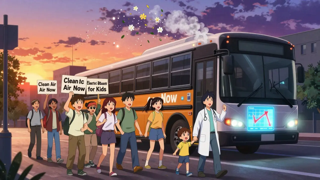 Community members protest for clean air as electric buses replace diesel ones.