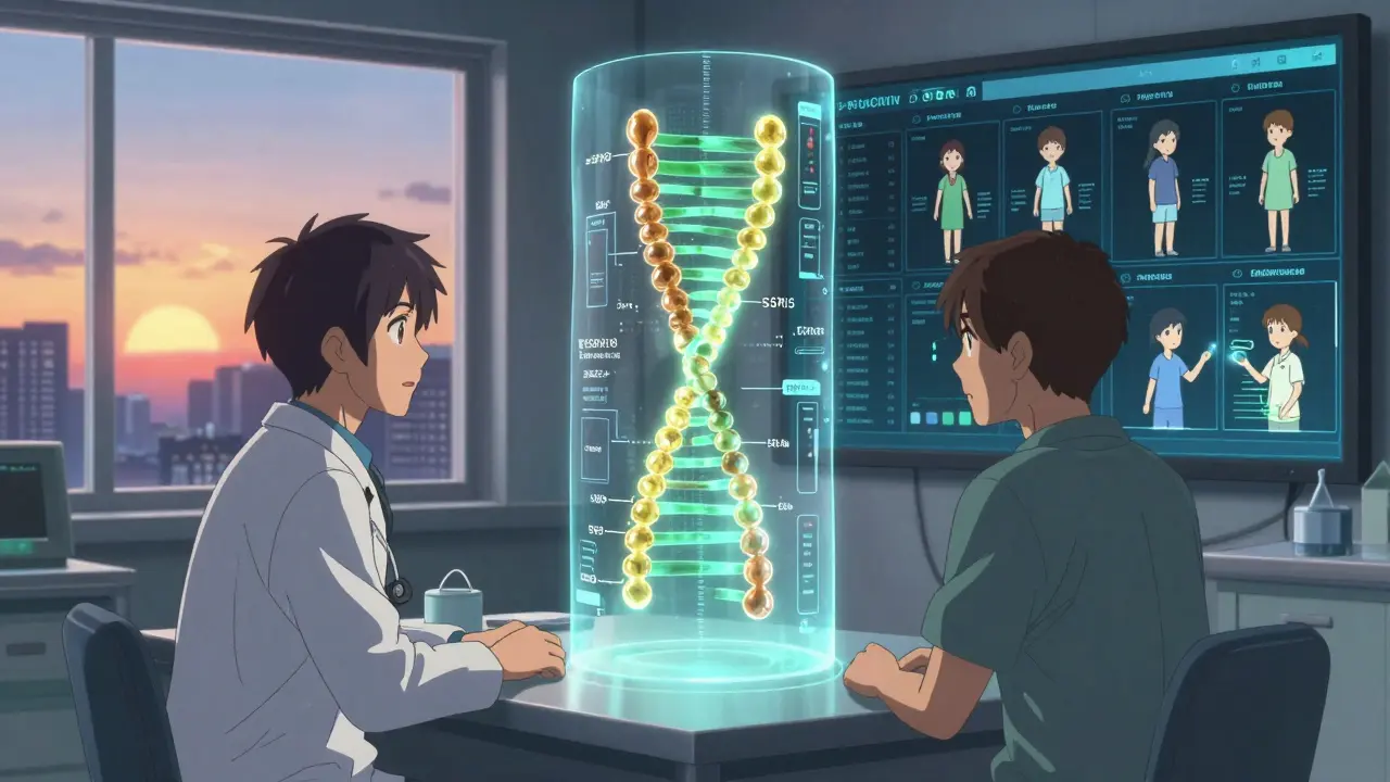 Doctor and patient viewing a glowing genome map guiding personalized medication dosing in a futuristic clinic.
