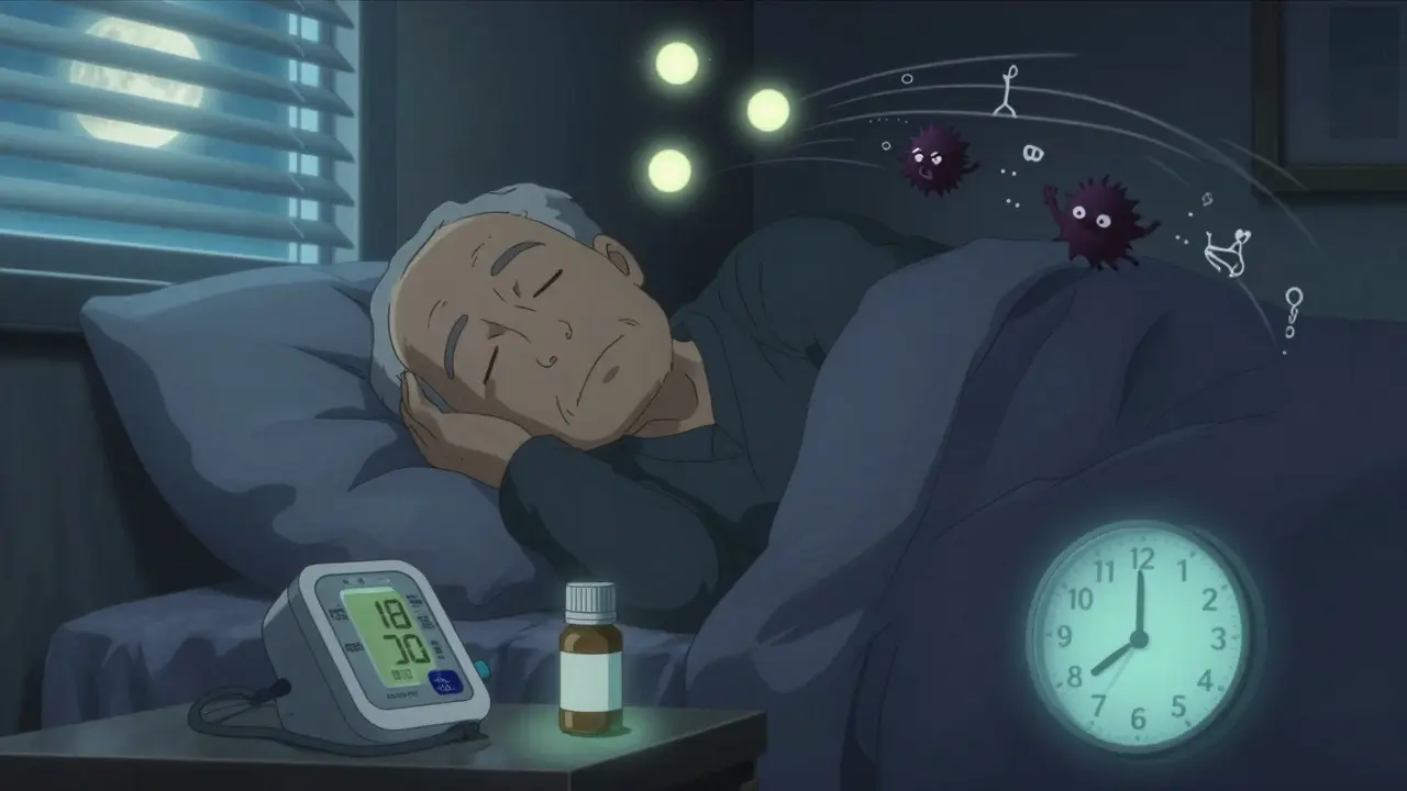 Elderly man sleeping peacefully as sleep orbs rise and medication dims, stress demons being swept away.