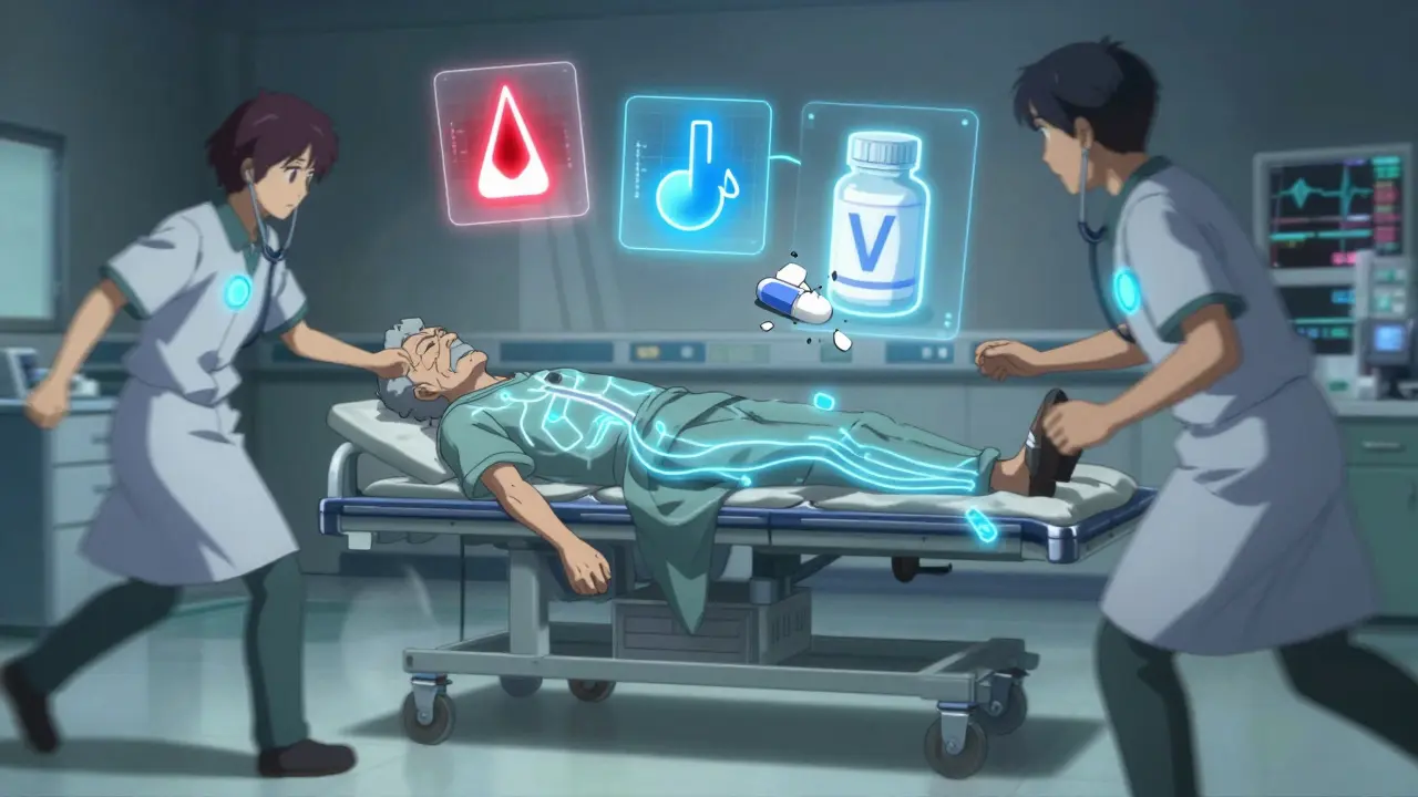 Elderly patient collapsing in ER as floating warning icons show dangerous electrolyte imbalances.