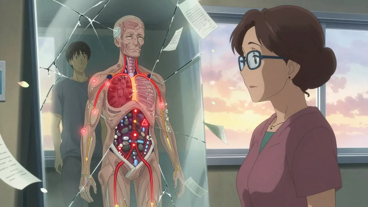 Elderly woman facing a fractured mirror showing mismatched drug pathways in her body.