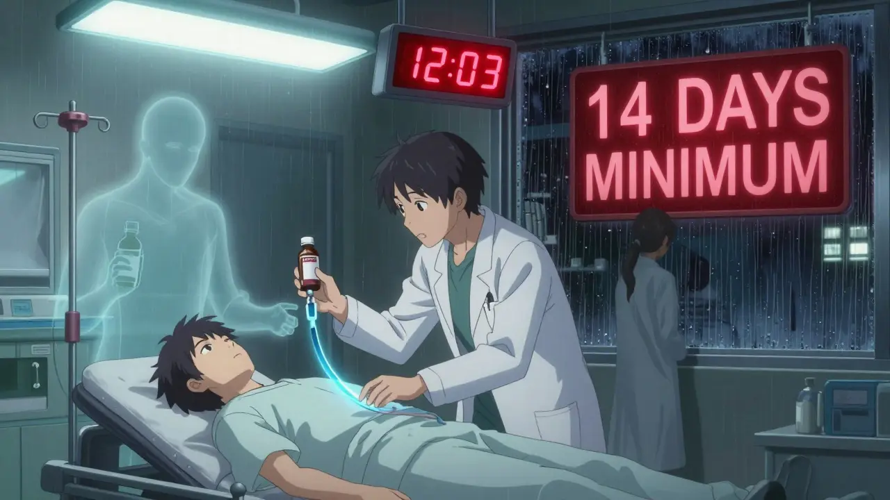 Emergency room scene with doctor giving IV treatment, countdown timer, and ghostly figure holding ephedrine bottle.