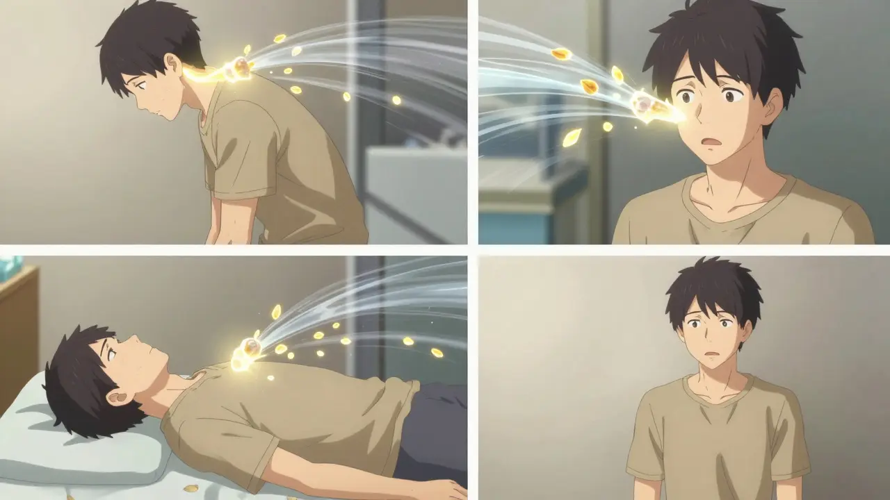 Epley maneuver sequence showing calcium crystals moving through ear canals with fluid-like motion.