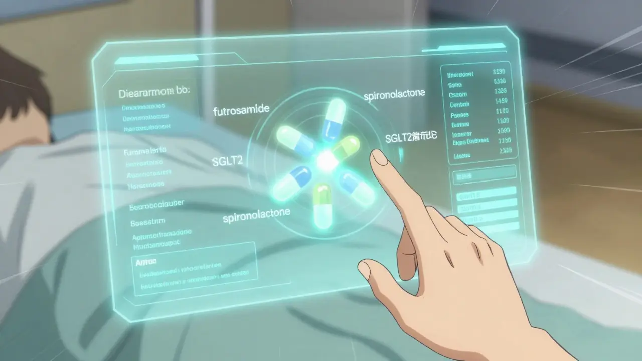 Futuristic AI interface predicting diuretic interactions with glowing data streams and combo medication.