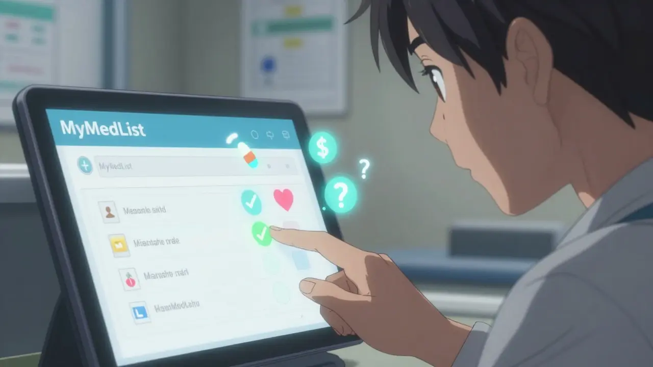 Hand typing medication concerns into a digital health portal with glowing symbols.