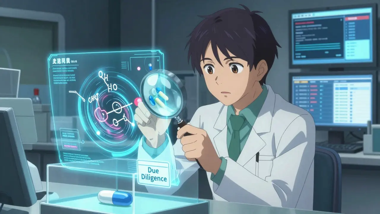 Investigator examining a counterfeit pill under holograms, toxic chemicals visible inside, real pill safely displayed.