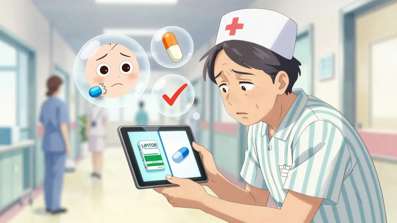 Nurse uses a tablet to compare brand and generic pill images with an elderly patient.