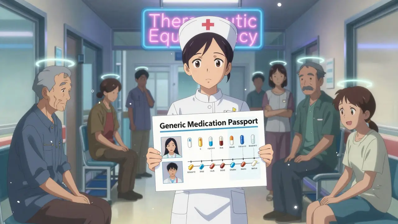 Nurse walks down a hallway holding a visual card of generic and brand medications.