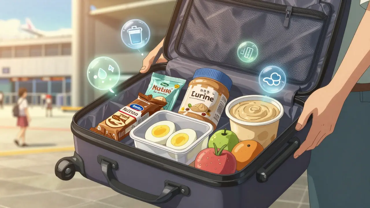 Open carry-on bag filled with healthy snacks like protein bars, nuts, and hard-boiled eggs.