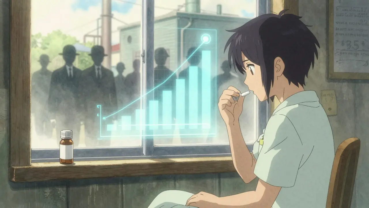 Patient taking a generic pill as a massive savings graph glows behind them.