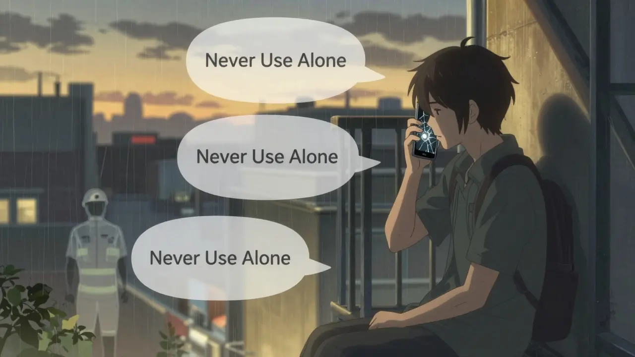 Person calling Never Use Alone hotline on a fire escape at dusk