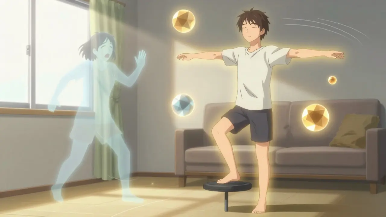 Person doing balance exercises at home, surrounded by floating orbs as neural retraining occurs.