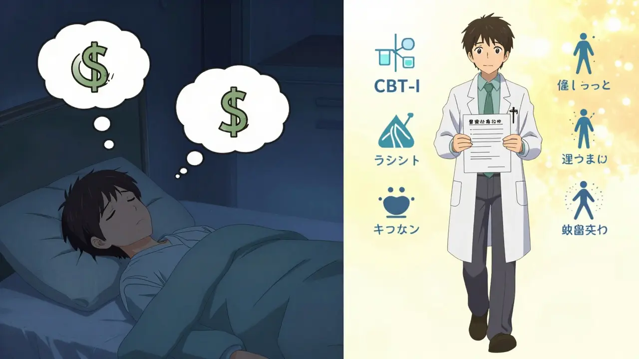 Person transitioning from nighttime struggle to daytime wellness with non-drug therapies.