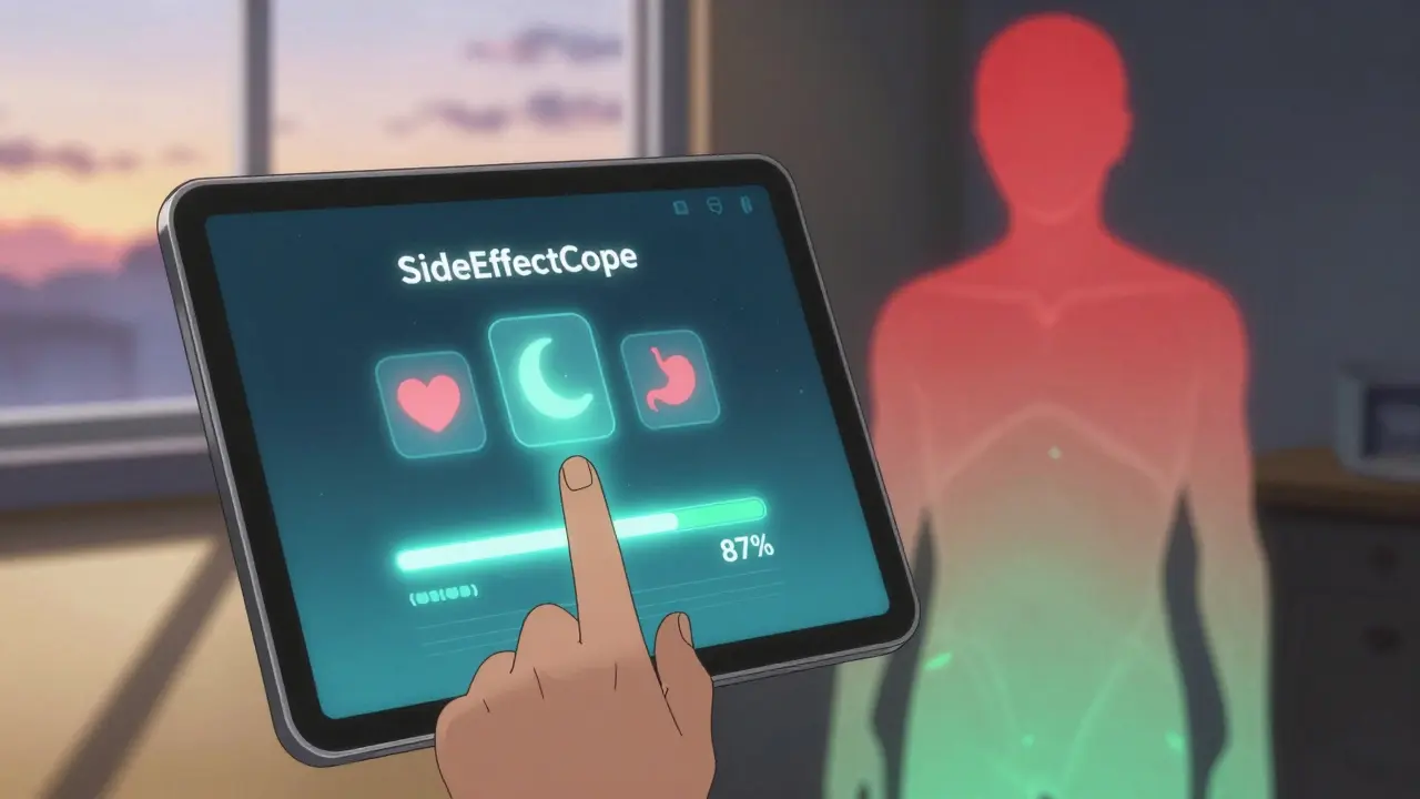 Person using SideEffectCope app as body shows fading side effects, dawn light outside window.