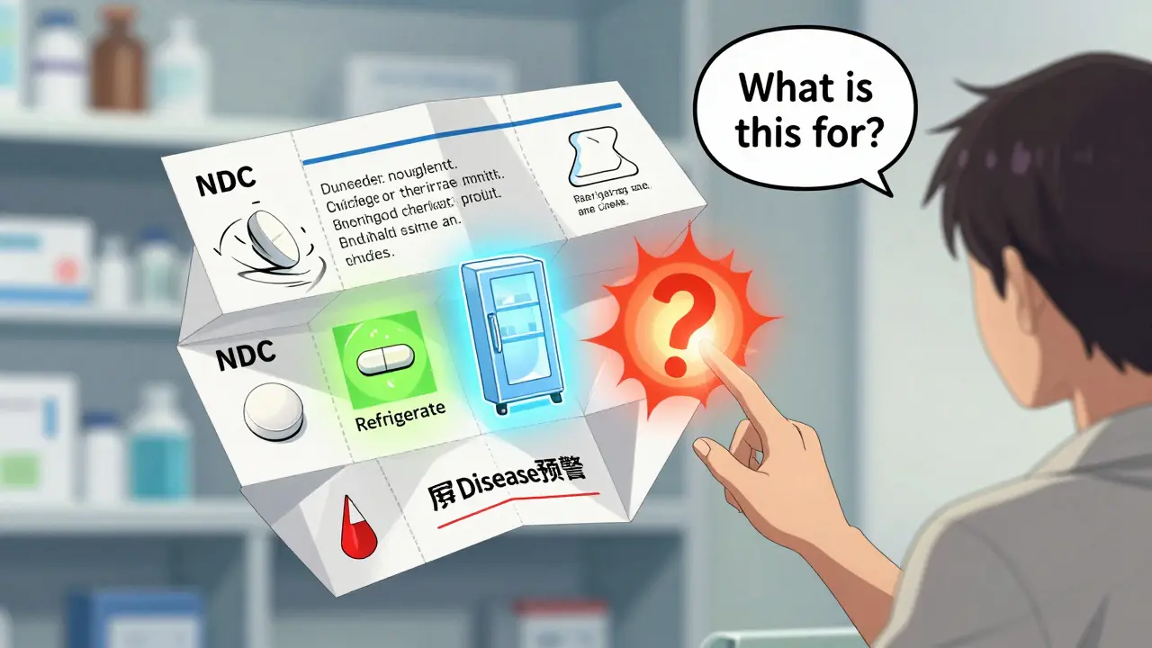 Pharmacist showing animated prescription label with interactive icons for dosage, storage, and warnings.