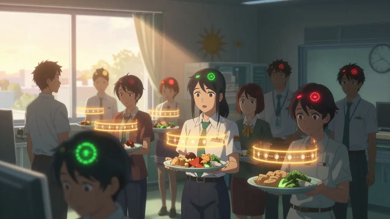 Shift workers in a hospital break room with glowing circadian meters, morning sunlight resetting their metabolism as golden time windows appear above their meals.