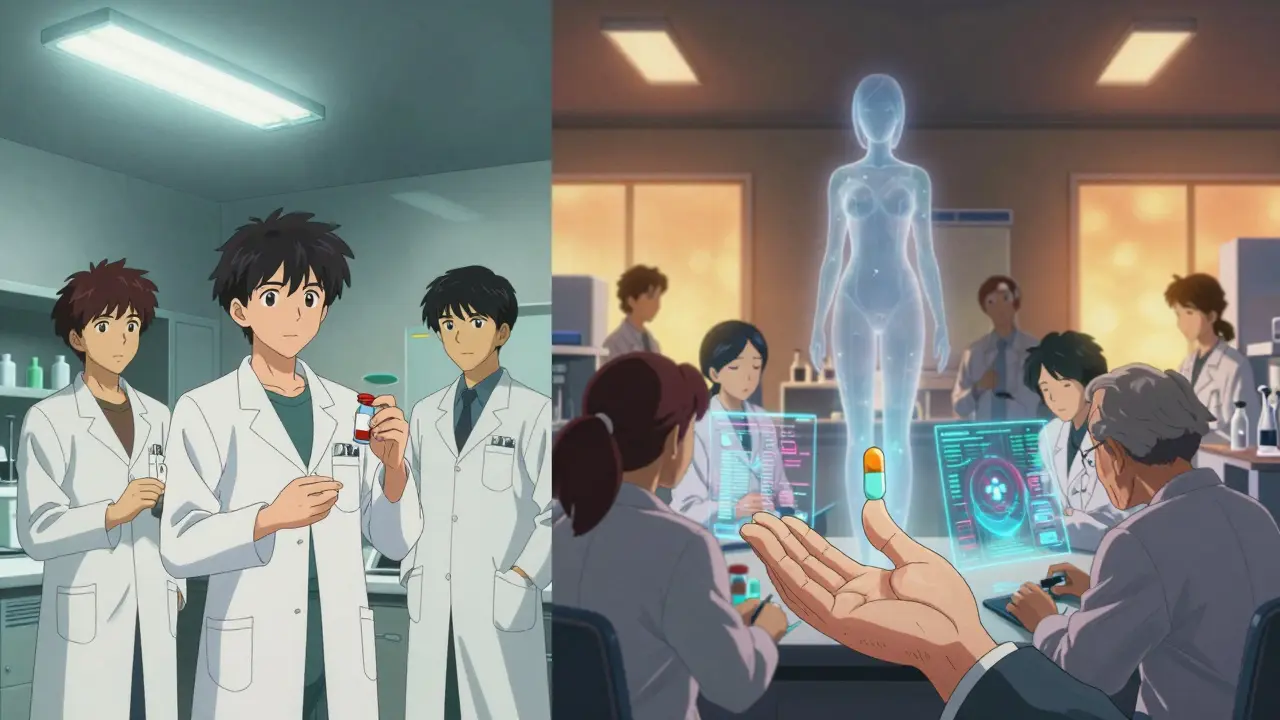 Split scene: 1980s all-male clinical trial vs. modern balanced study with holographic data displays.