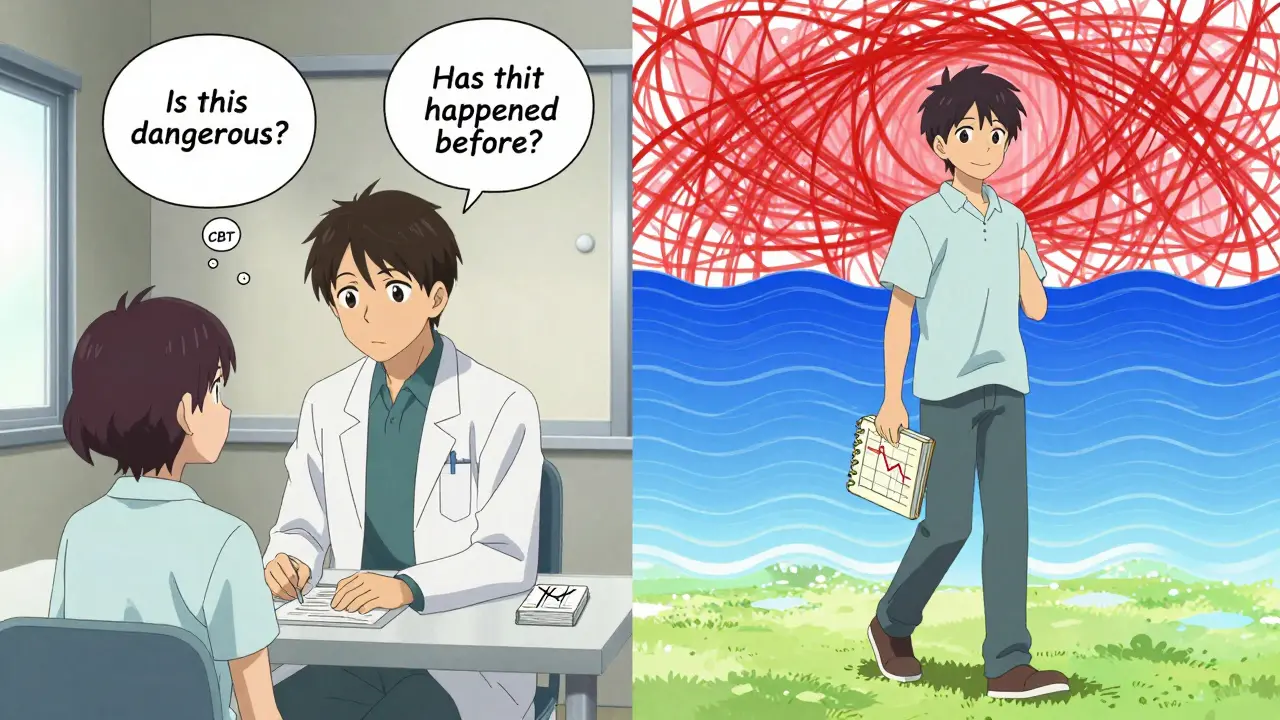 Split scene: anxious patient in clinic transforms into calm person with declining anxiety graph.