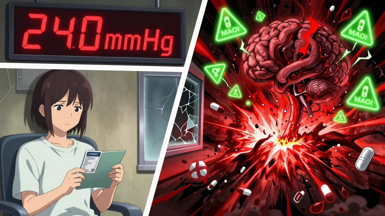 Split scene: calm person reading label vs. violent explosion of pressure and brain hemorrhage with warning icons.
