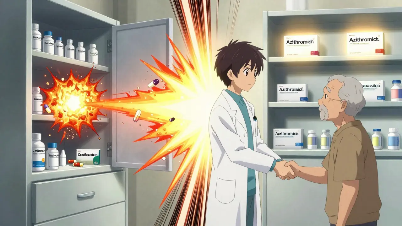 Split scene: chaotic toxic drug interactions on the left, peaceful safe alternatives on the right, with a doctor and patient shaking hands in the center.